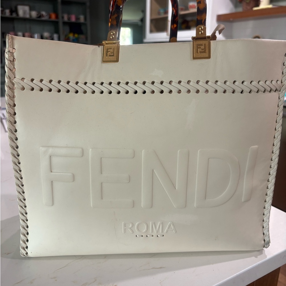 Fendi White Leather sunshine medium  Tote Bag